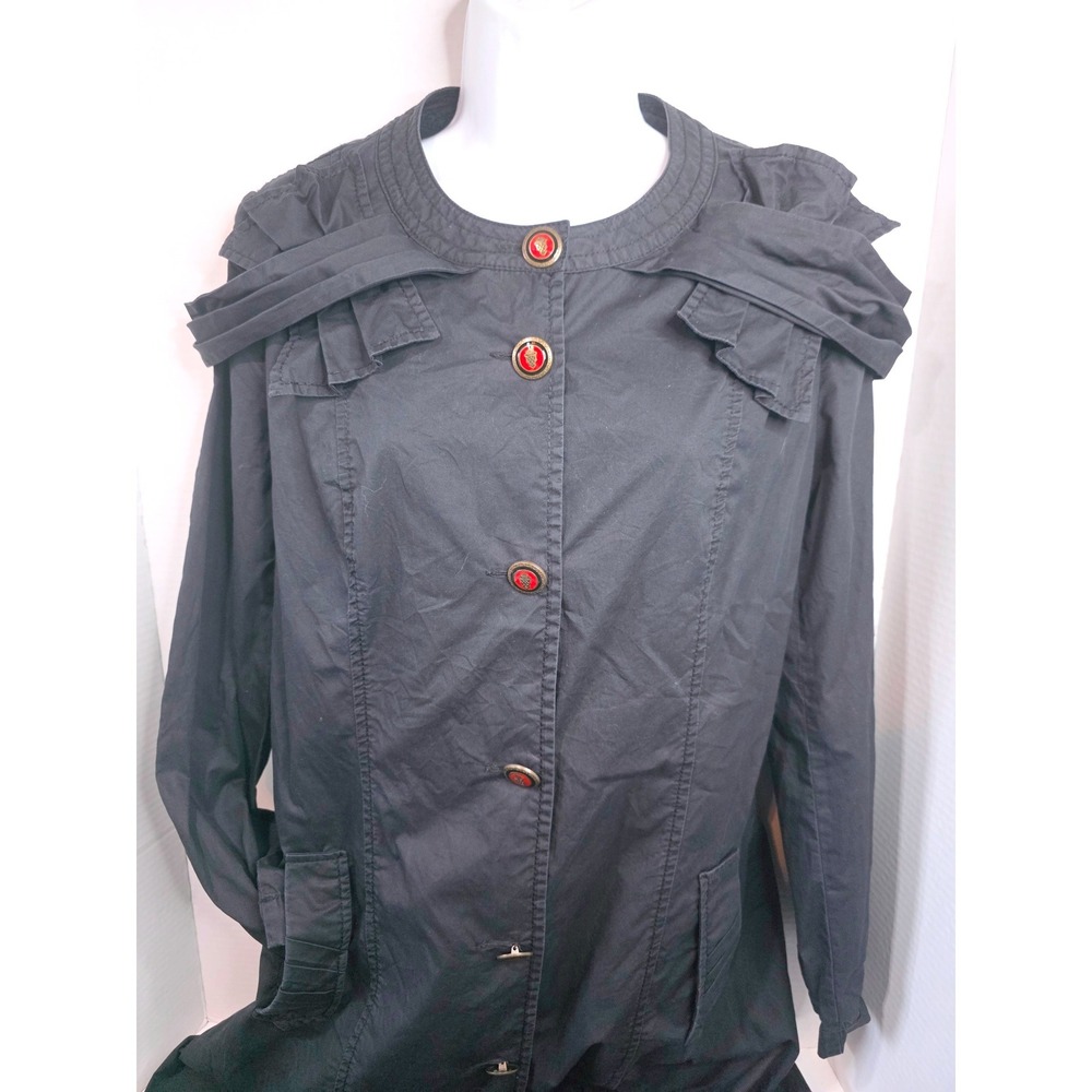 Iklim Black‎ Ruffle Shoulder Trench Dress/Coat Red Crest Button Long EU 40/US 8